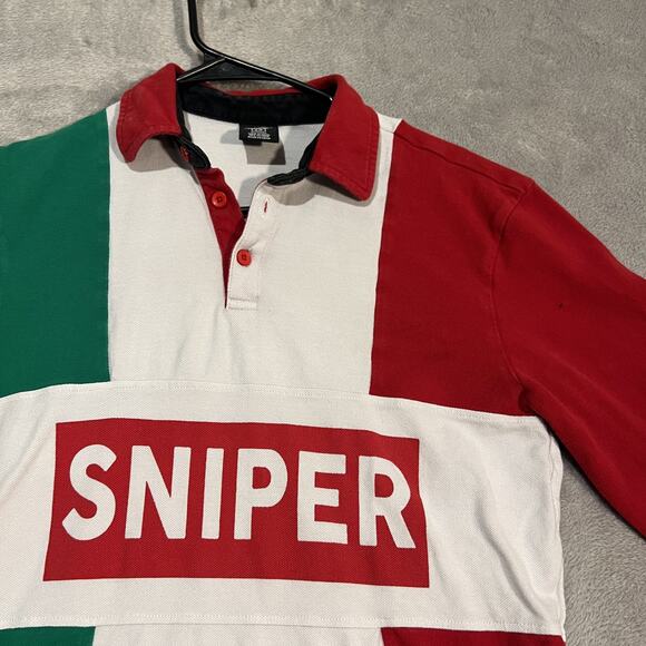 Sniper Gang Shirt Mens Small Red Green White Long Sleeve Rugby Polo Graphic - Picture 3 of 14